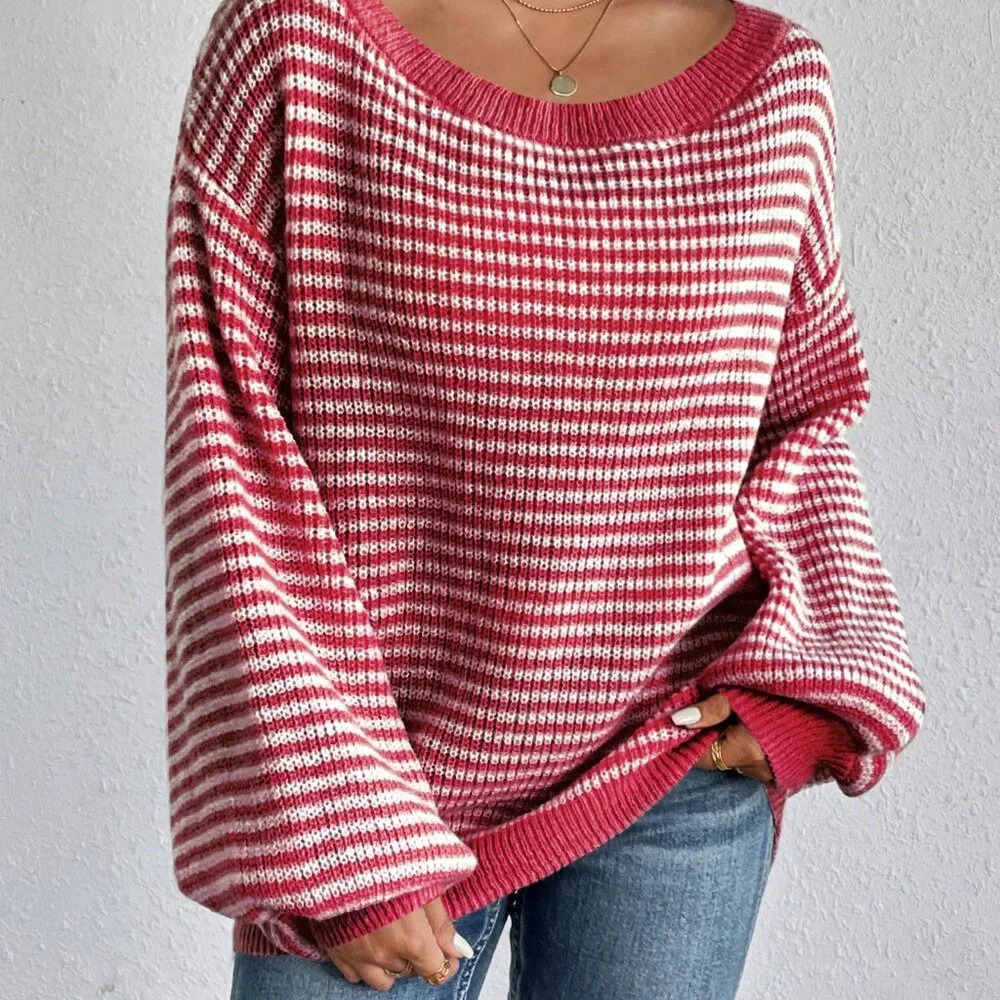 Pink Casual Women's Striped Printed Turtleneck Pullover Sweater - Picture 4 of 7